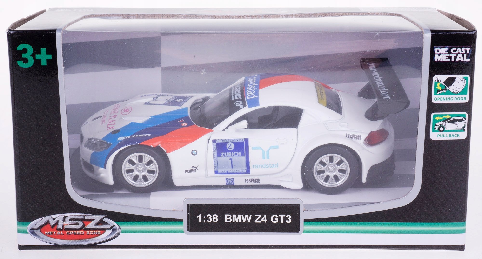 Model MSZ 1:38 BMW Z4 GT3 biały/nieb – Idealny dla małych miłośników motoryzacji