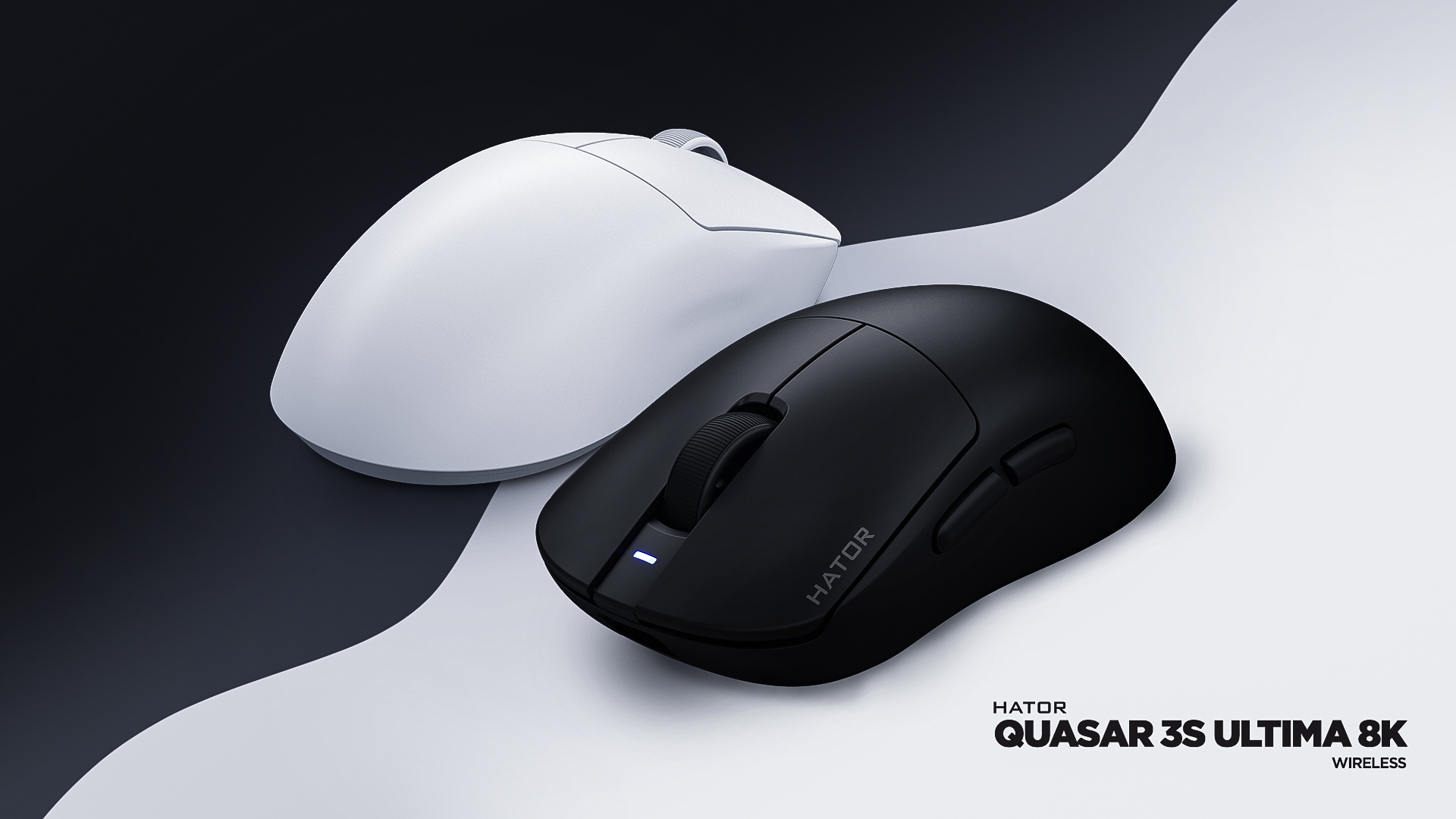 Dwie myszy HATOR Quasar 3S Ultima 8K Wireless w kolorze czarnym i białym