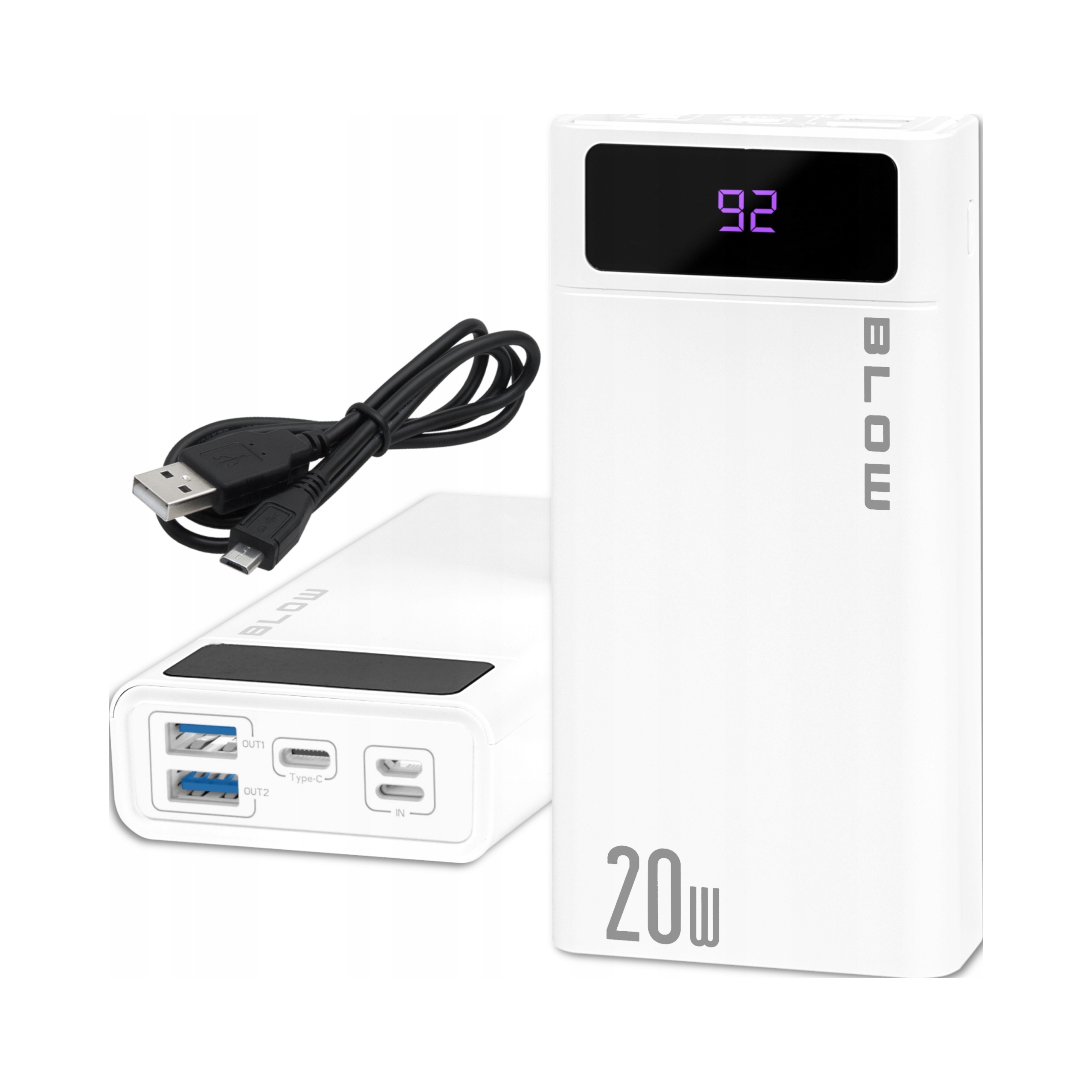 Power Bank BLOW 20000mAh QC+PD 20W + Lightning Biały – Twoje mobilne źródło energii