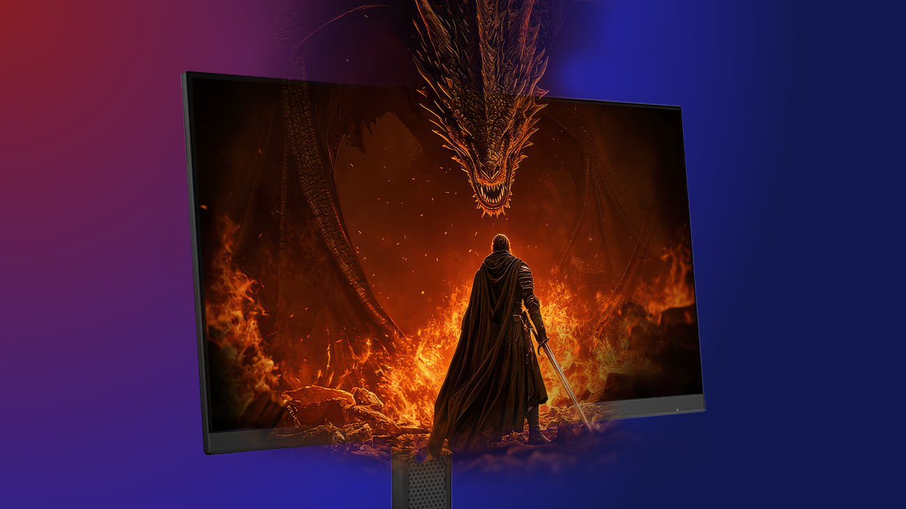 Monitor Lenovo Legion 27Q-10 z wizualizacją gry komputerowej na ekranie