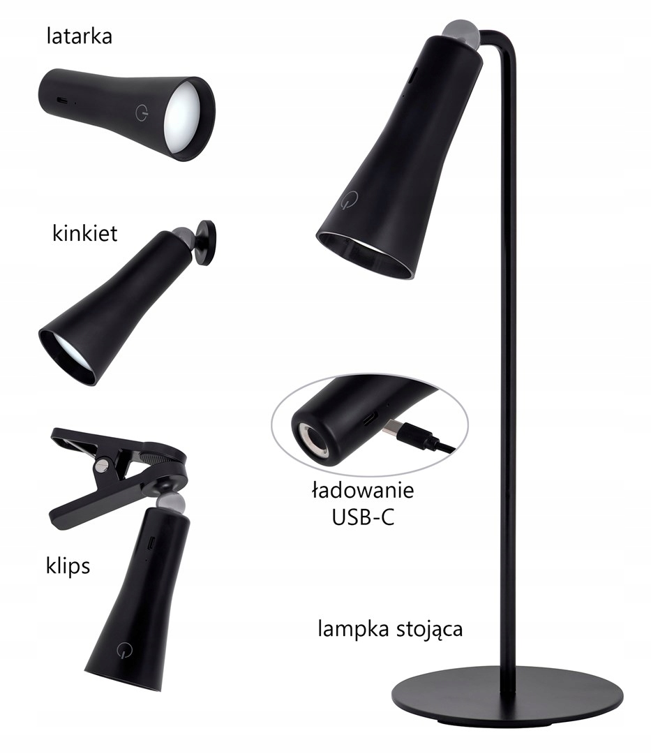 Cztery funkcje w jednej lampce – lampka biurkowa, kinkiet, klips i latarka