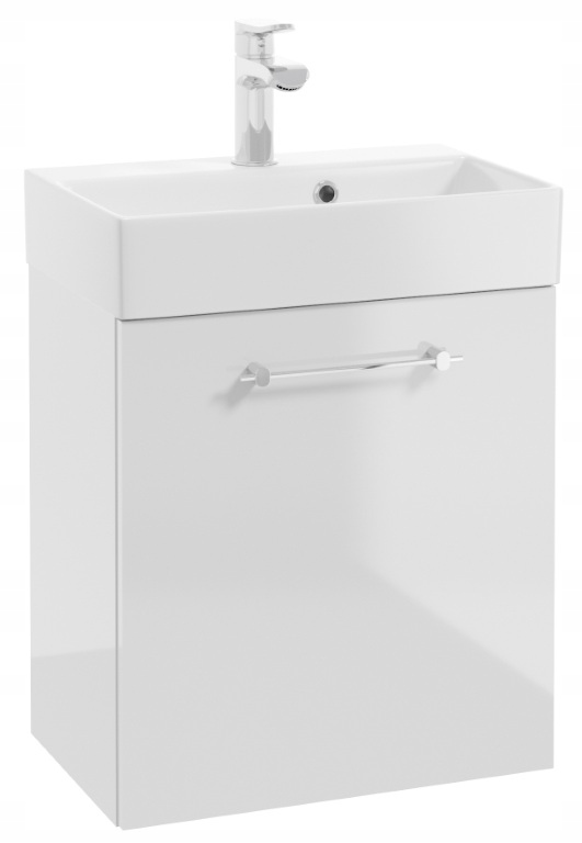 Szafka łazienkowa wisząca z umywalką 60x50cm Biały połysk uchwyt chrom – Idealne rozwiązanie do małych łazienek