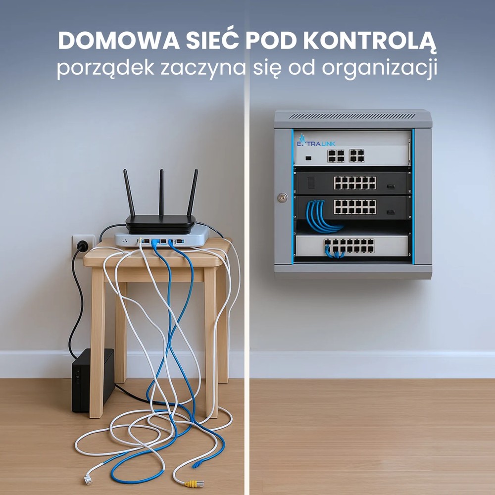 Porównanie nieuporządkowanego okablowania z lewej i uporządkowanej sieci w białej szafie rack Extralink 9U z prawej