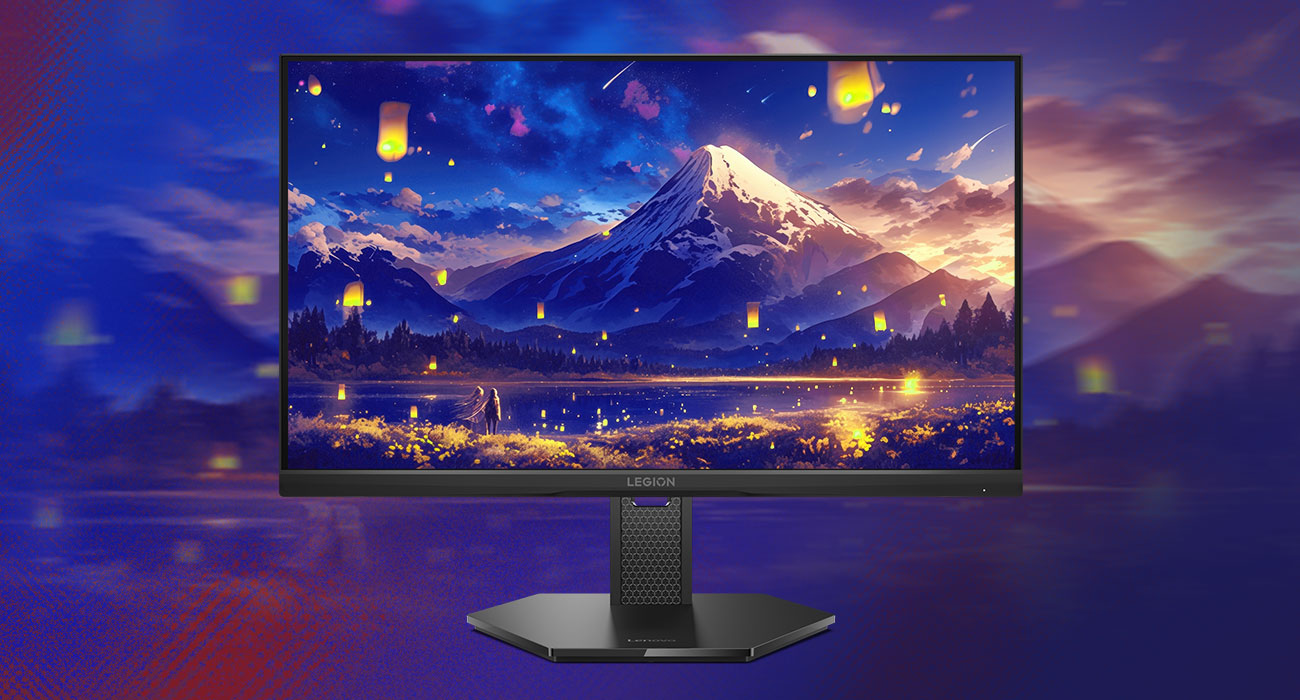 Na ekranie monitora Lenovo Legion 27Q-10 tapeta z samochodem wyścigowym