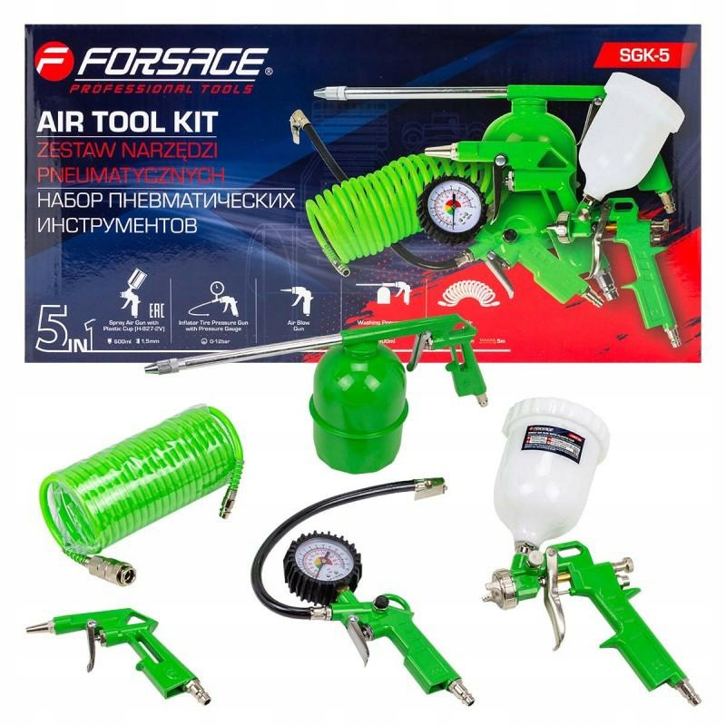 Zawartość zestawu: pistolet lakierniczy, pistolet do pompowania opon i więcej