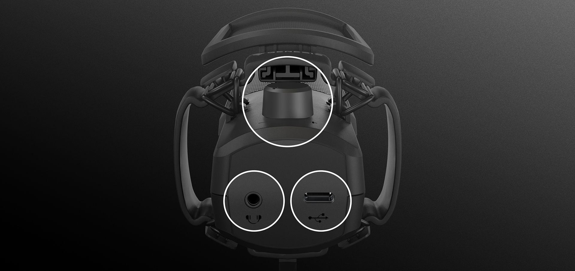 Czarny mikrofon Genesis Radium 250 USB ze stojakiem, wejściem audio, gniazdem słuchawkowym i portami USB z tyłu.