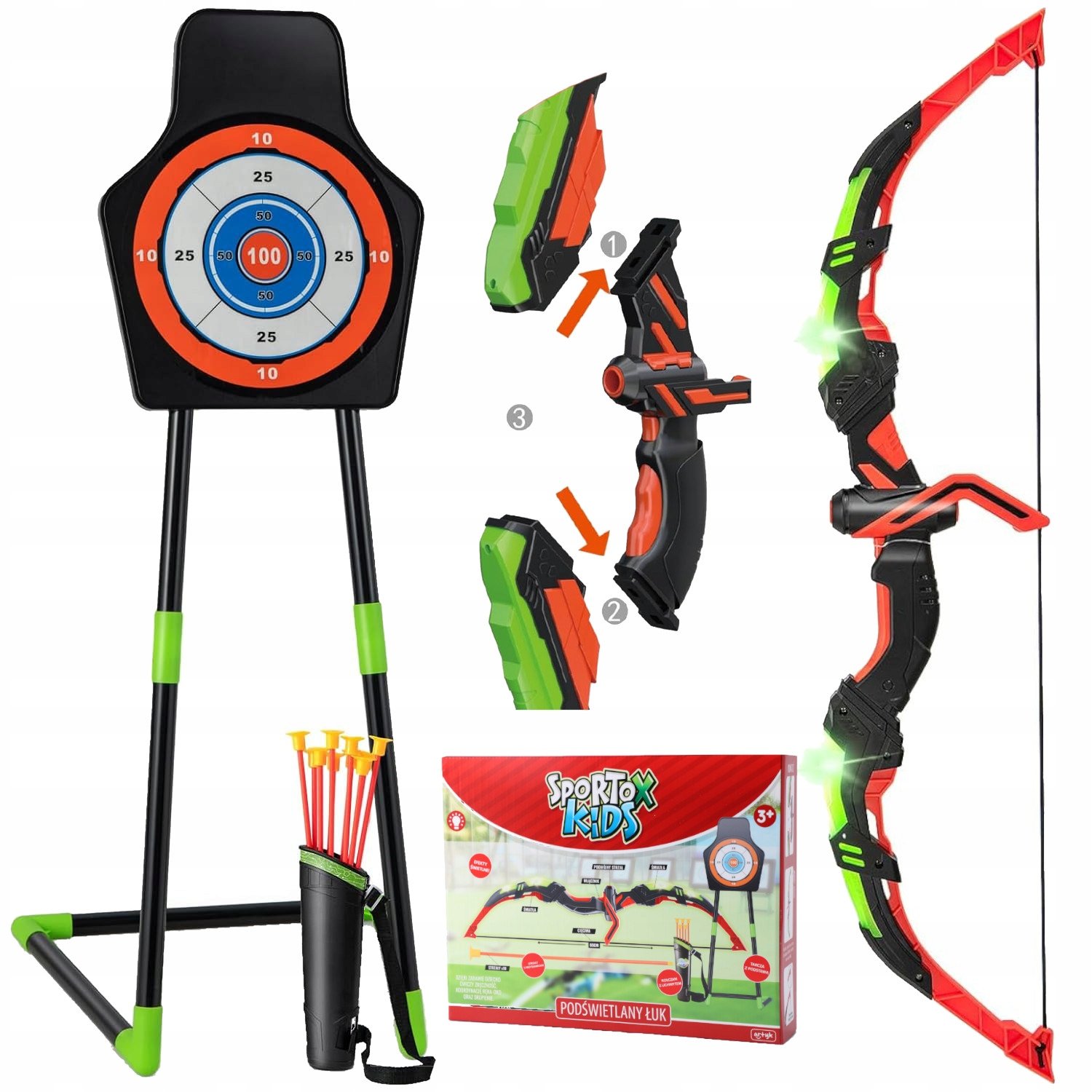 Łuk z tarczą – Duży Łuk LED 66cm dla Dzieci z 10 strzałami i kołczanem