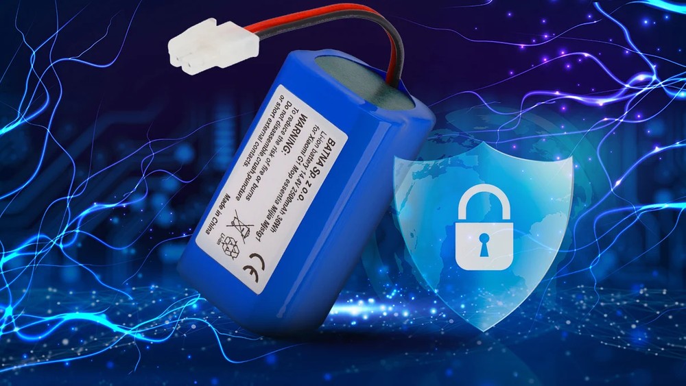 wizualizacja na której widać baterię do robotów xiaomi oraz tarczę symbolizującą bezpieczeństwo