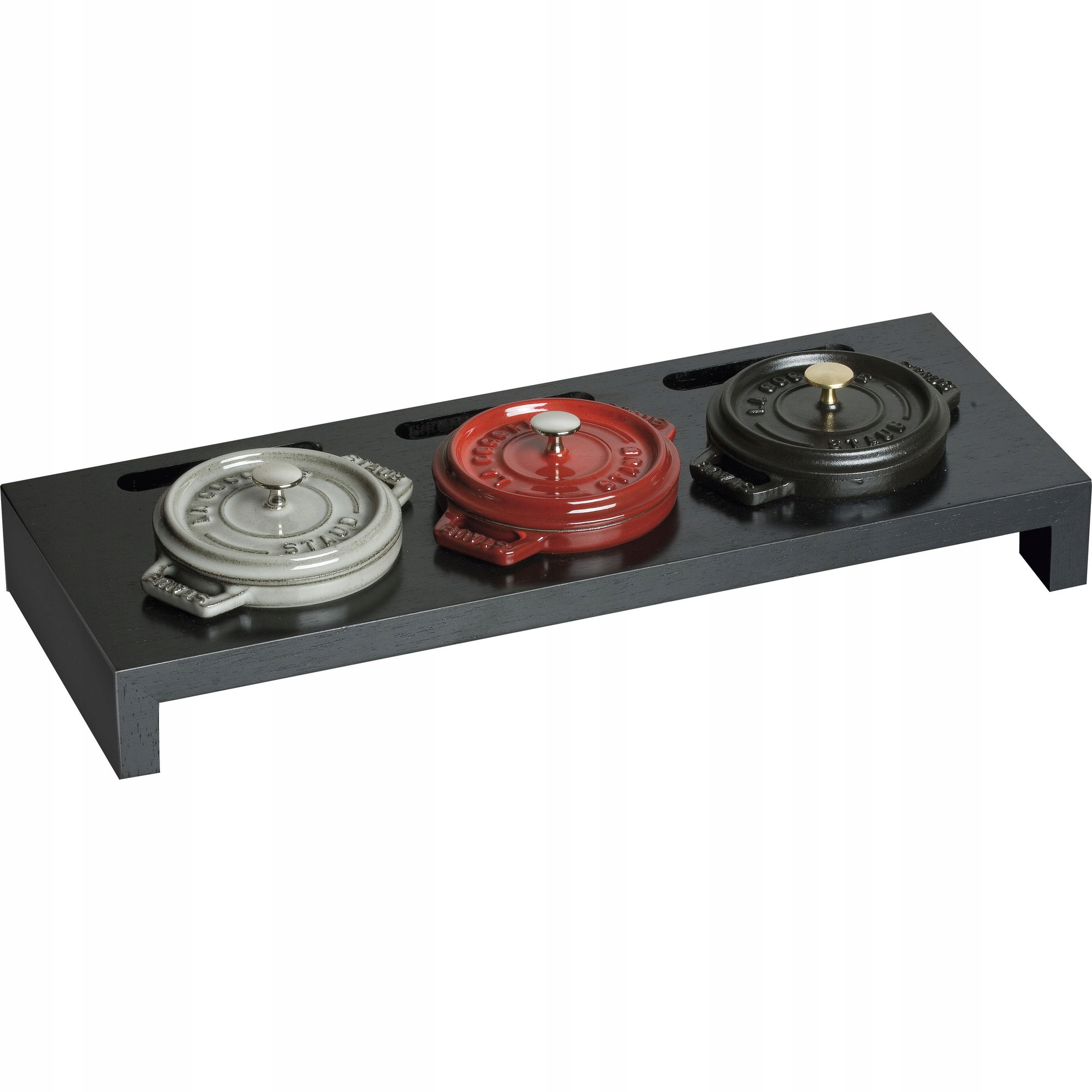 Stojak drewniany na 3 Mini Cocotte Staub – Elegancka prezentacja potraw