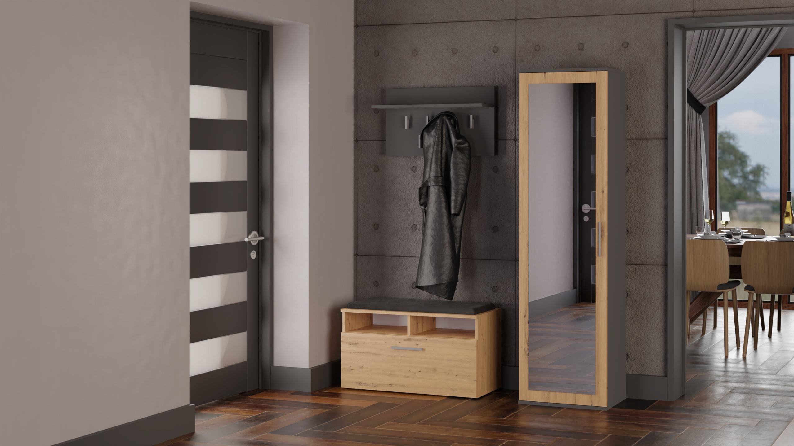 Duo Szafa Z Lustrem Antracyt/Artisan – Elegancja i funkcjonalność w Twoim przedpokoju