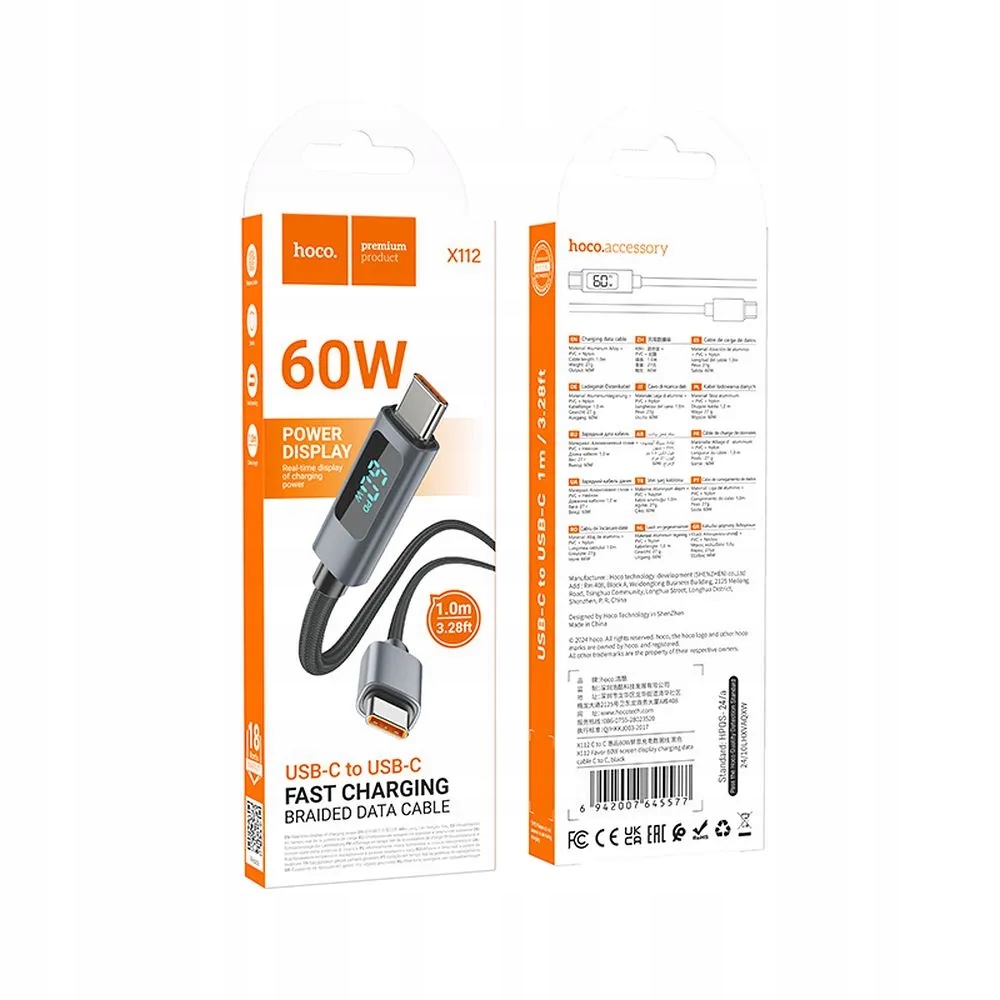 HOCO kabel Typ C do Typ C z wyświetlaczem 3A 60W X112 1 m czarny – Szybkie ładowanie i transfer danych