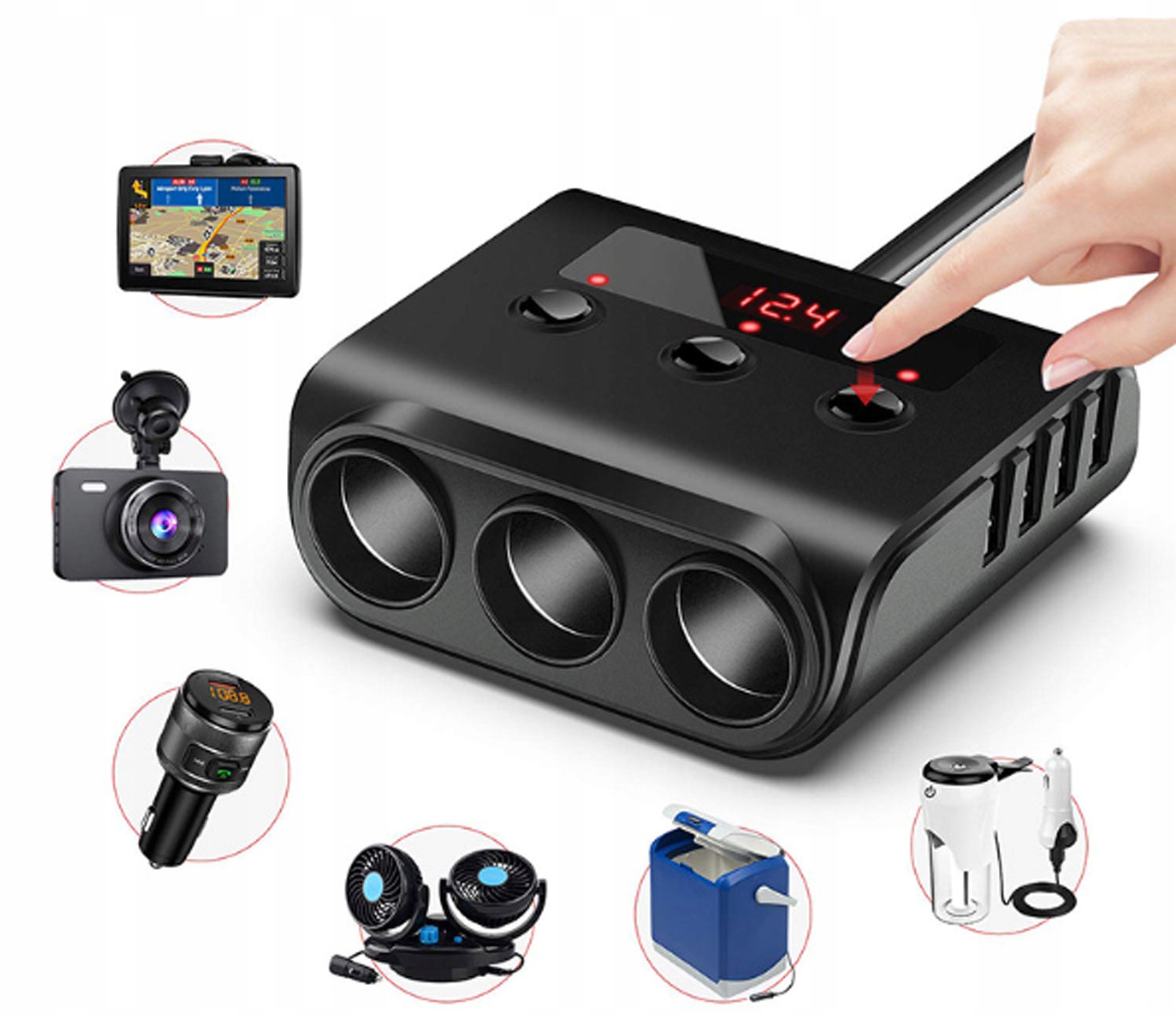 Trzy gniazda zapalniczki o maksymalnej mocy 120W