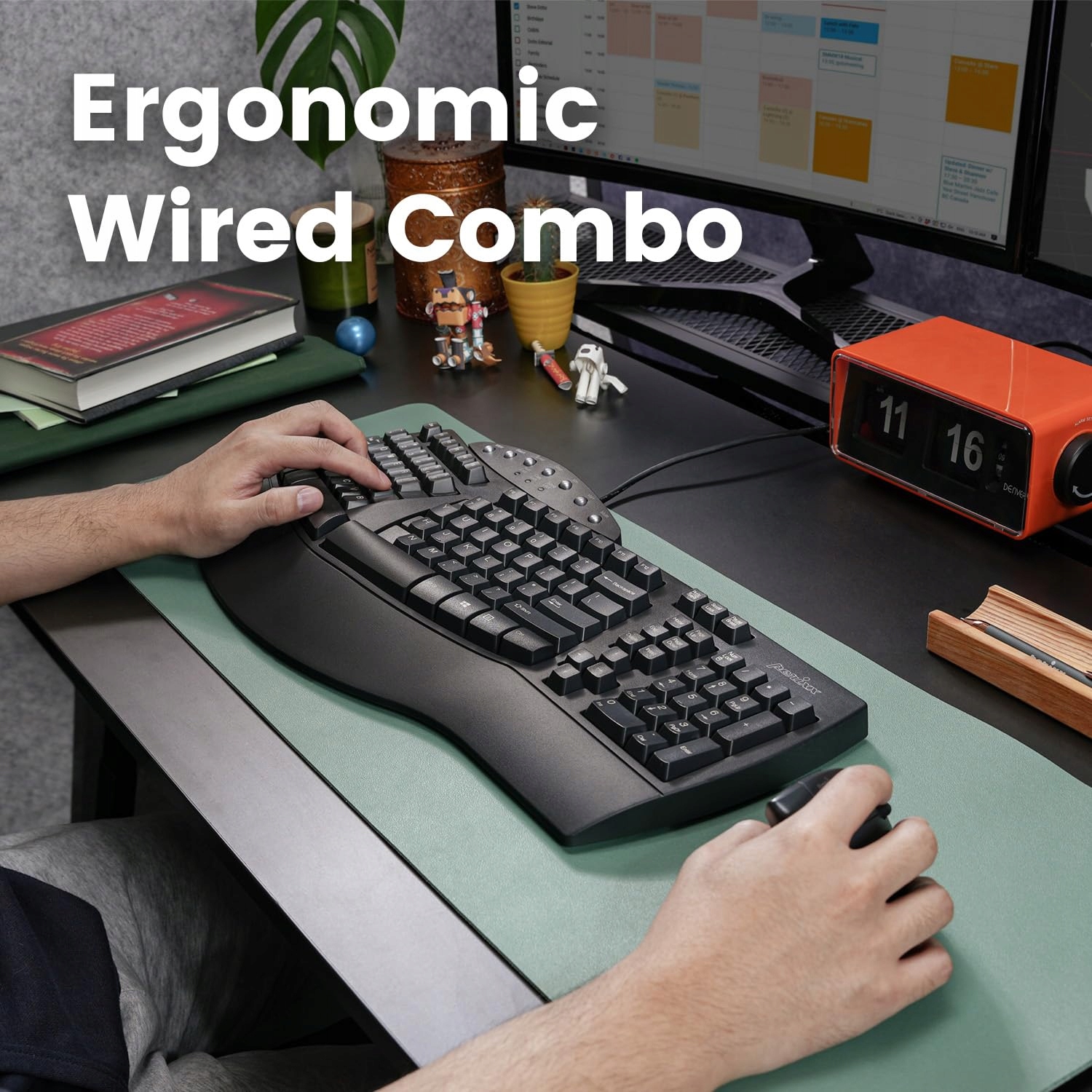 Ergonomiczny kształt klawiatury z podziałem i podkładką pod nadgarstki