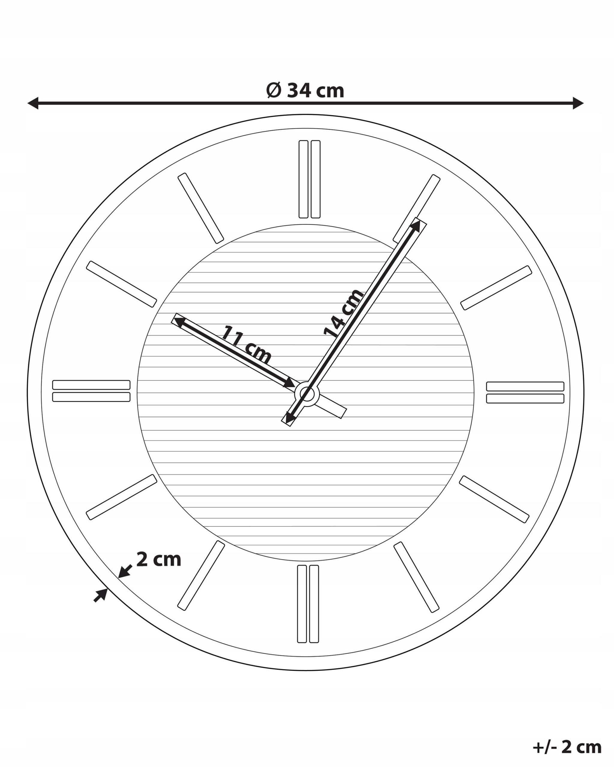 Wymiary zegara: średnica i wysokość 34 cm