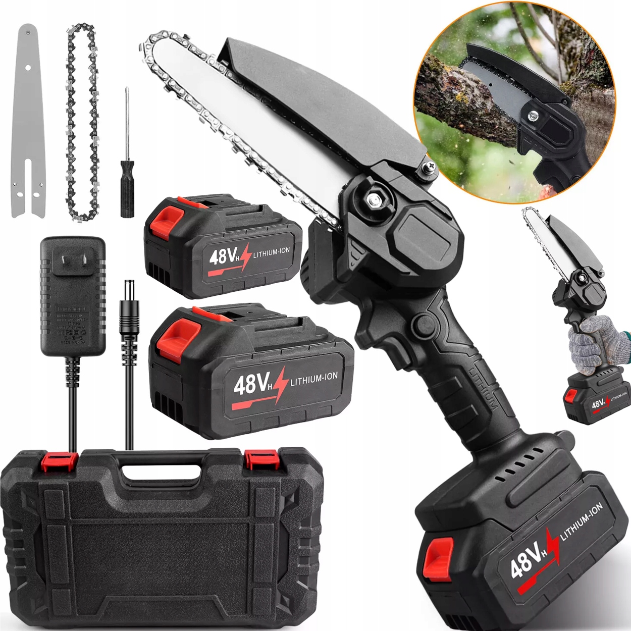 Akumulatorowa Piła Łańcuchowa 6” Mini Pilarka Gałęziowa – 850W, 2x Akumulator, Łańcuch