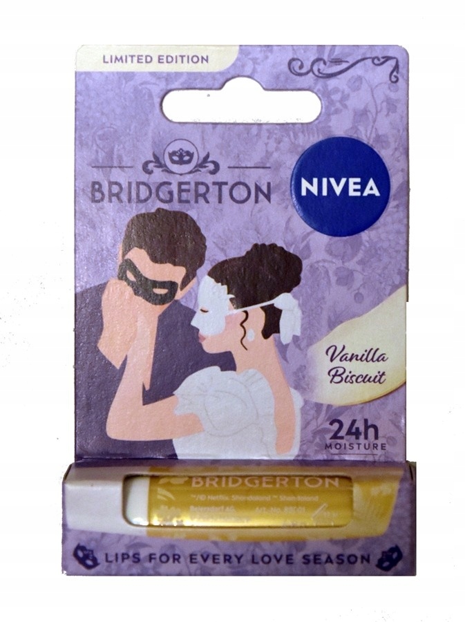 NIVEA Bridgerton Edition pielęgnująca pomadka do ust Vanilla Biscuit 4,8g – Słodki aromat i nawilżenie