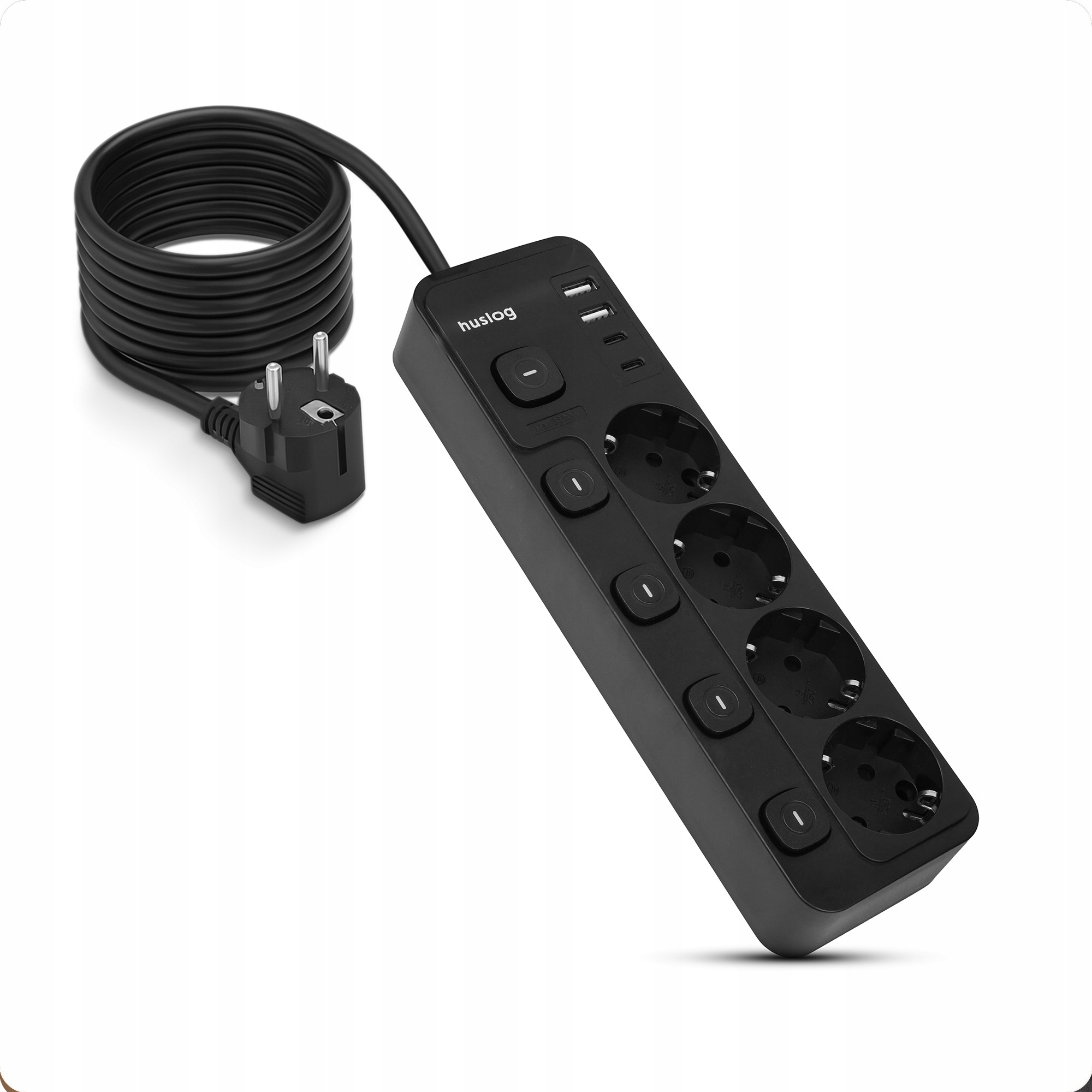 Huslog przedłużacz z 5 wyłącznikami – Bezpieczne zasilanie dla Twojego domu i biura