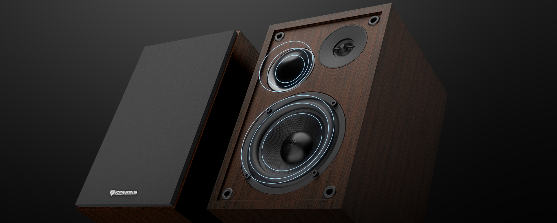 Brązowe głośniki Genesis Arsen 302BT 2.0 z drewnianym wykończeniem i elegancką czarną maskownicą, prezentujące przetworniki wysokotonowe i niskotonowe.