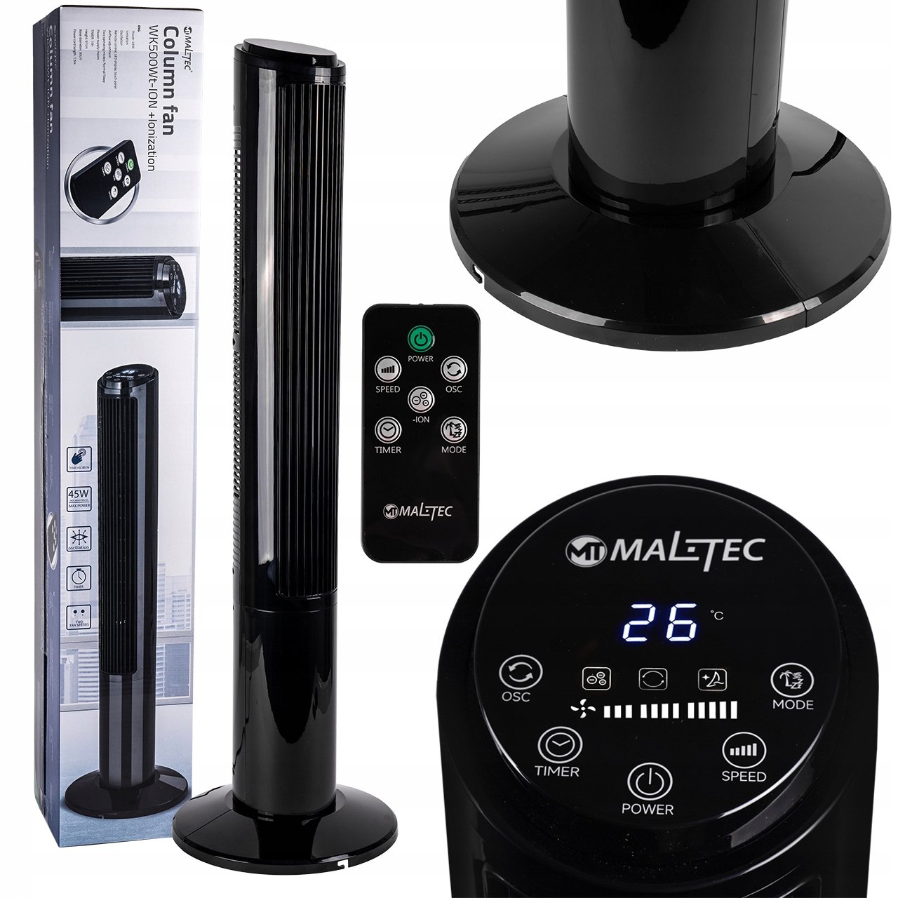 WENTYLATOR KOLUMNOWY WIATRAK PODŁOGOWY JONIZACJA Zakres działania 0-90°