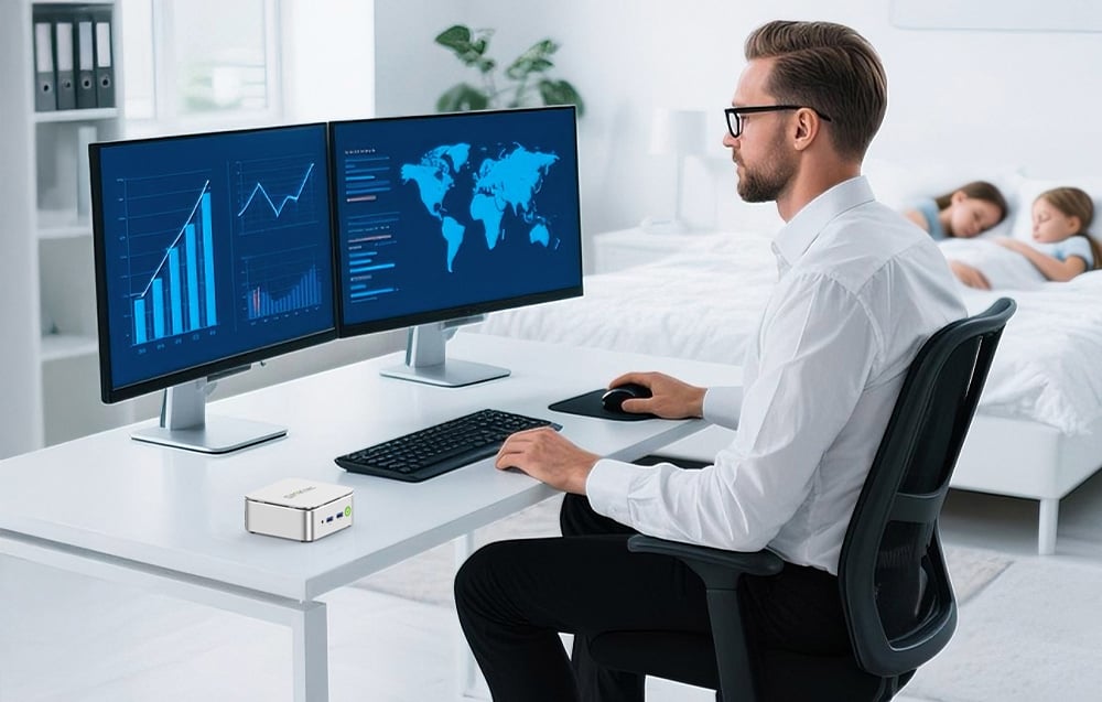 Mężczyzna pracuje przed komputerem. Na monitorach wyświetlone są wykresy i mapa.