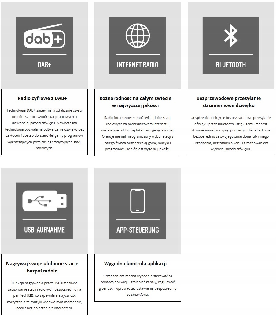 Port USB – Możliwość odtwarzania muzyki z zewnętrznych nośników