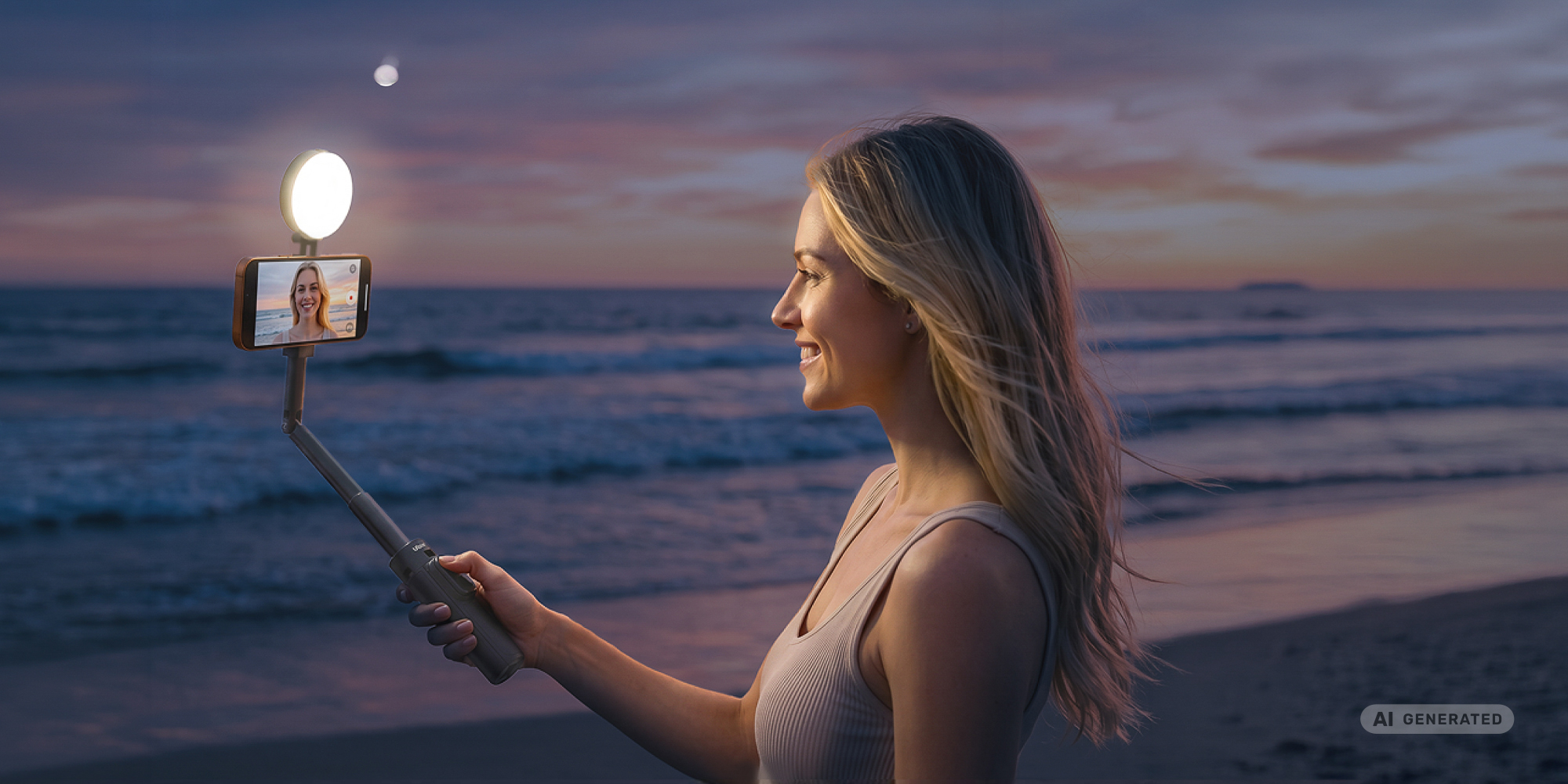 width=100% Selfie stick Ulanzi MT40 z lampą LED - WB (2500 K - 8500 K)