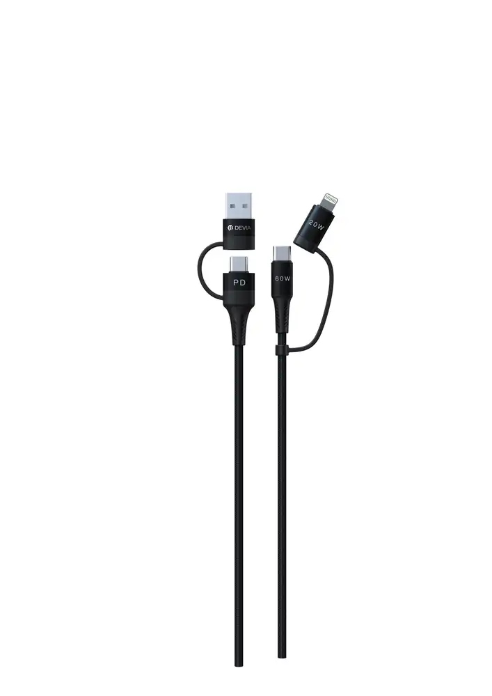 Devia kabel 4w1 Extreme EC504 PD USB-C + USB - USB-C + Lightning 1,5 m czarny – Wszechstronność w jednym kablu