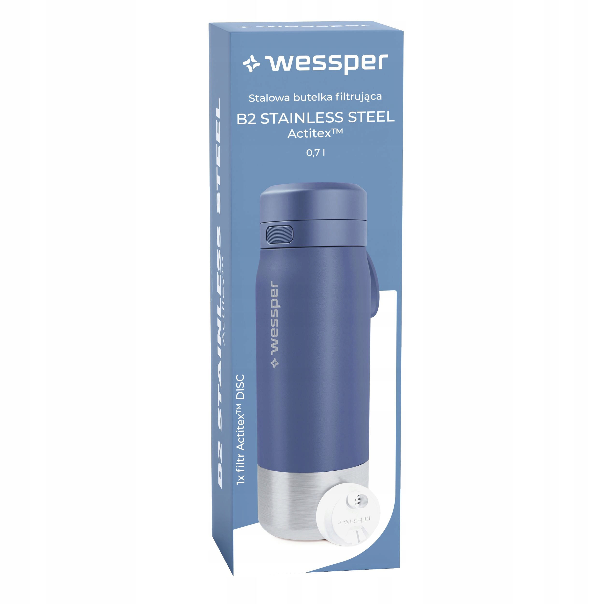 Butelka filtrująca Wessper B2 STAINLESS STEEL Actitex™ 700ml – Niebieska