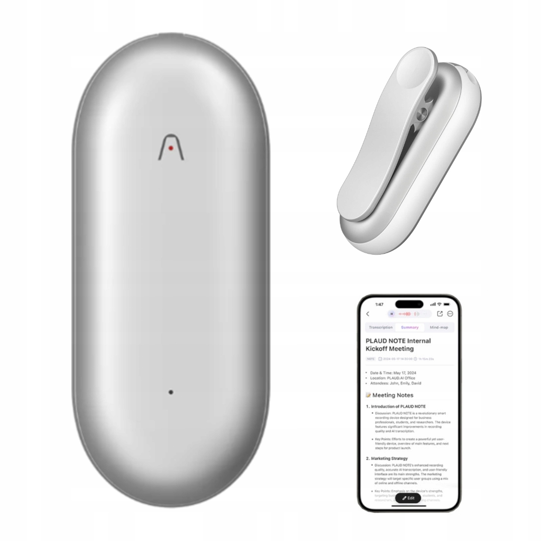 Pin Dyktafon AI 3w1 Plaud (srebrny) – Twój inteligentny asystent do nagrywania i transkrypcji