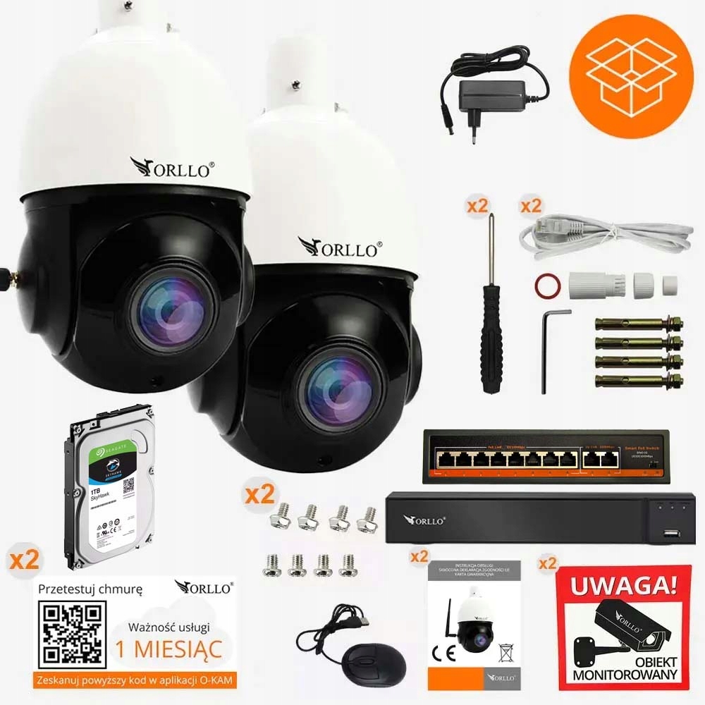 Zestaw 2 Kamer WIFI IP PoE Obrotowe ORLLO Z10+NVR1+SWITCH SW2+DYSK1TB – Profesjonalny monitoring dla Twojego domu i firmy