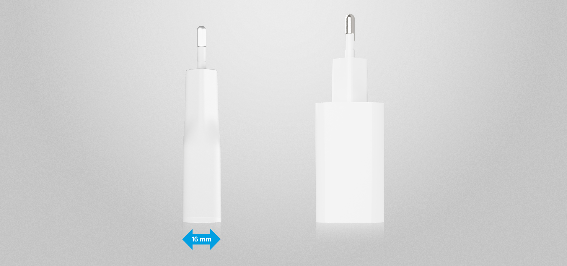 Biała ładowarka z dwoma stykami i prostokątną obudową pokazana z przodu i z boku.