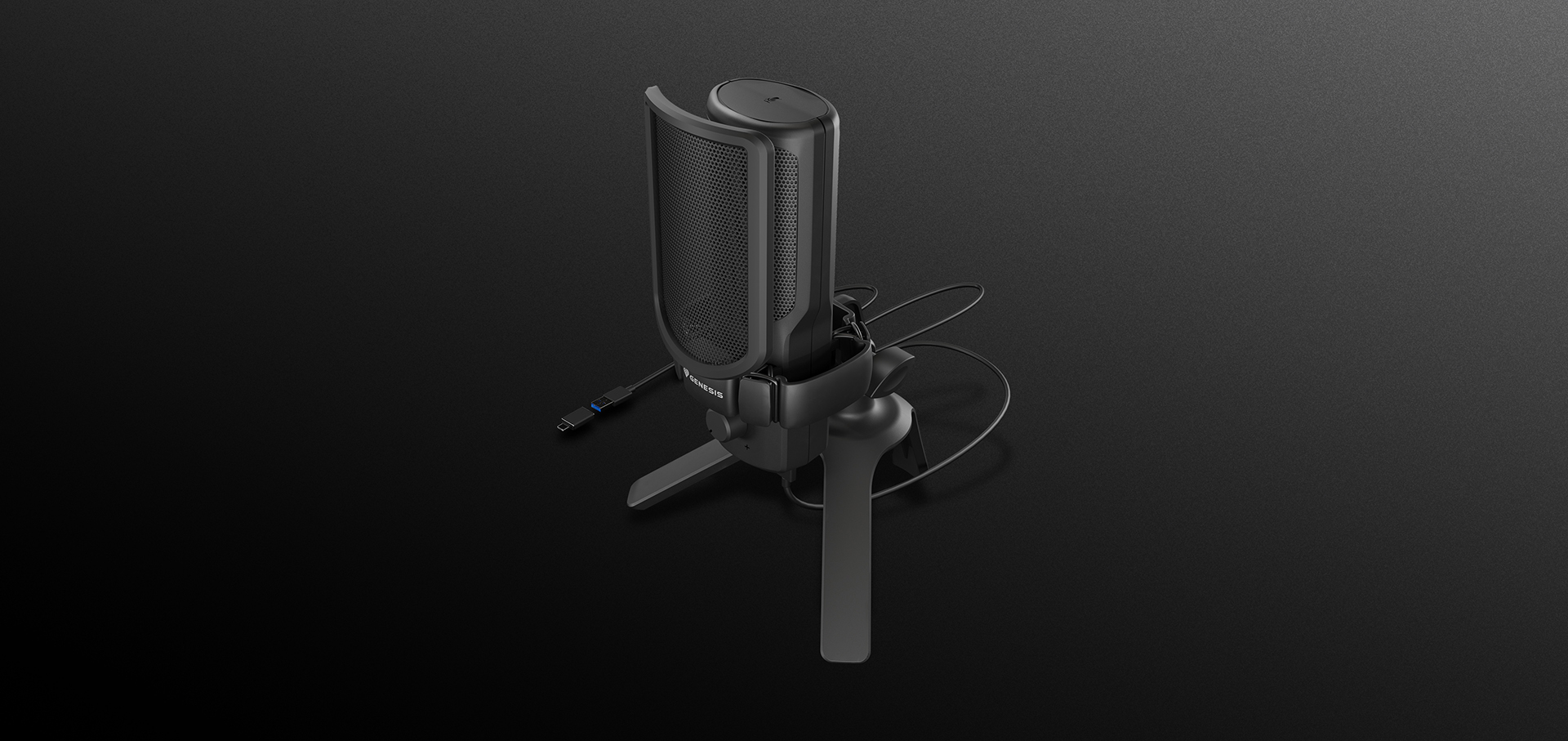 Czarny mikrofon USB Genesis Radium 250 ze statywem i kablem, przeznaczony do nagrywania dźwięku wysokiej jakości