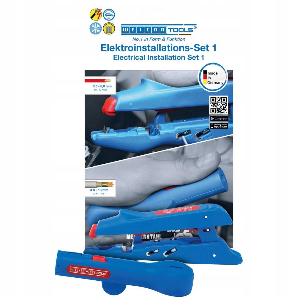 Ściągacz izolacji 0,5-6 mm² z zaciskarką do tulejek + nóż do kabli 8-13 mm – Zestaw WEICON Electrical Installation Set 1
