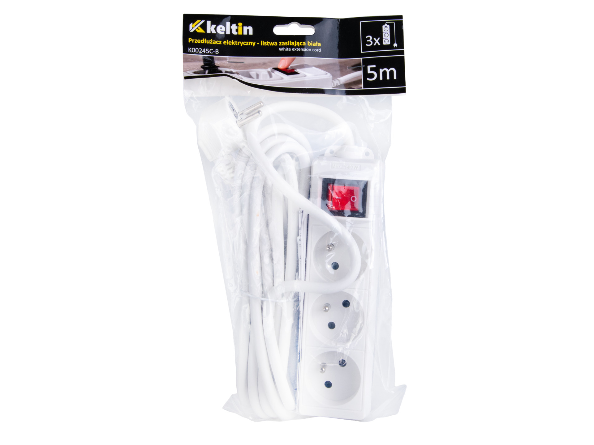 KELTIN Przedłużacz elektryczny – listwa zasilająca biała 3 gniazda 5m
