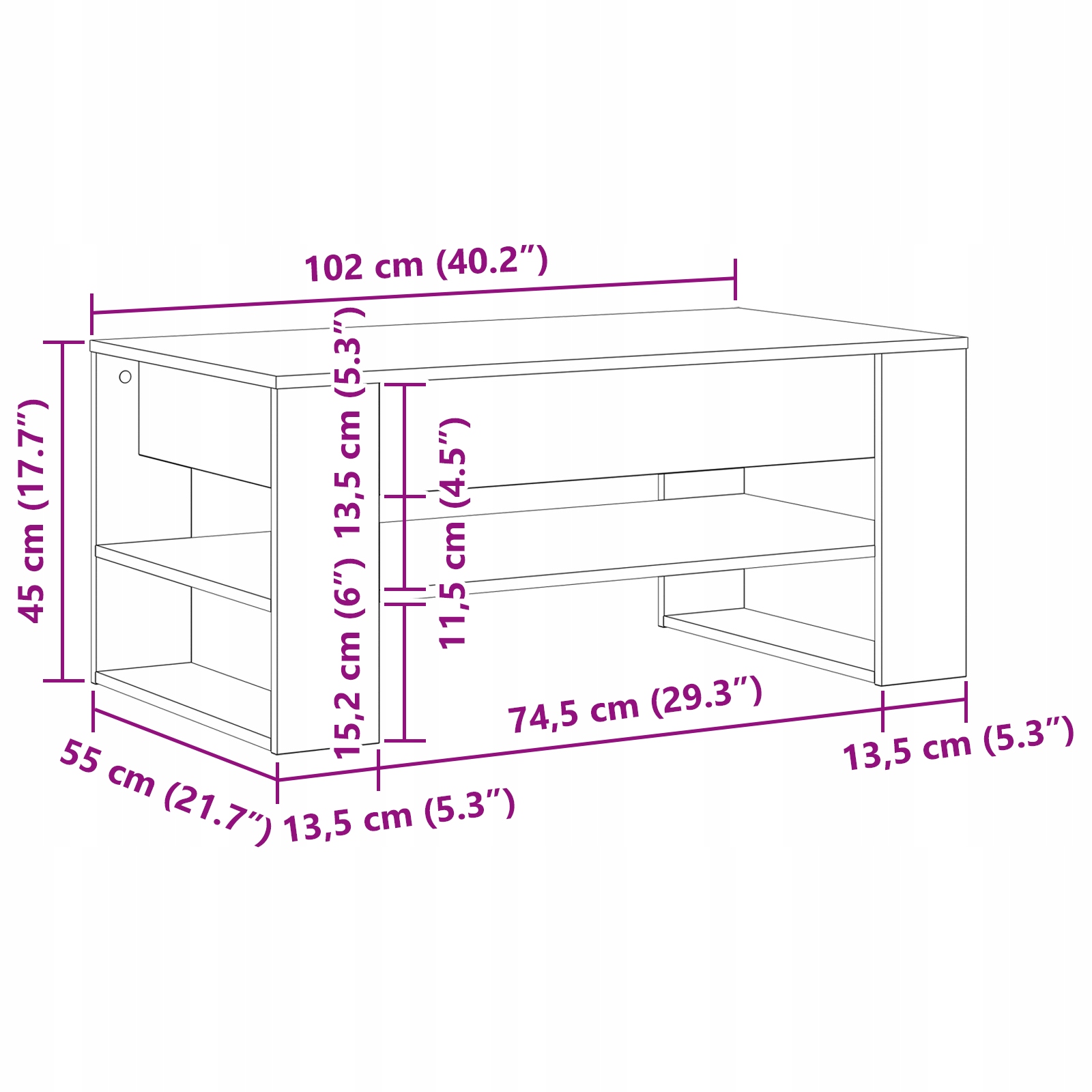 Przestronność i stabilność – Wymiary 102 x 55 x 45 cm