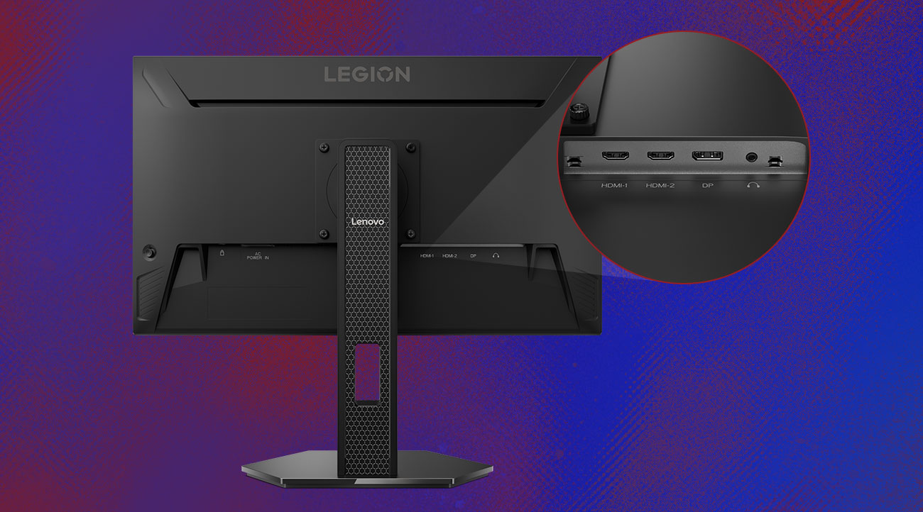 Monitor Lenovo Legion 27Q-10 tyłem, widoczne porty i gniazda na  miniaturowym zdjęciu obok