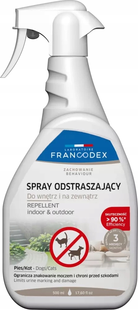 FRANCODEX PL Spray odstraszający do wnętrz i na zewnątrz psy/koty/kuny 500ml – Skuteczna ochrona przed niechcianymi zwierzętami