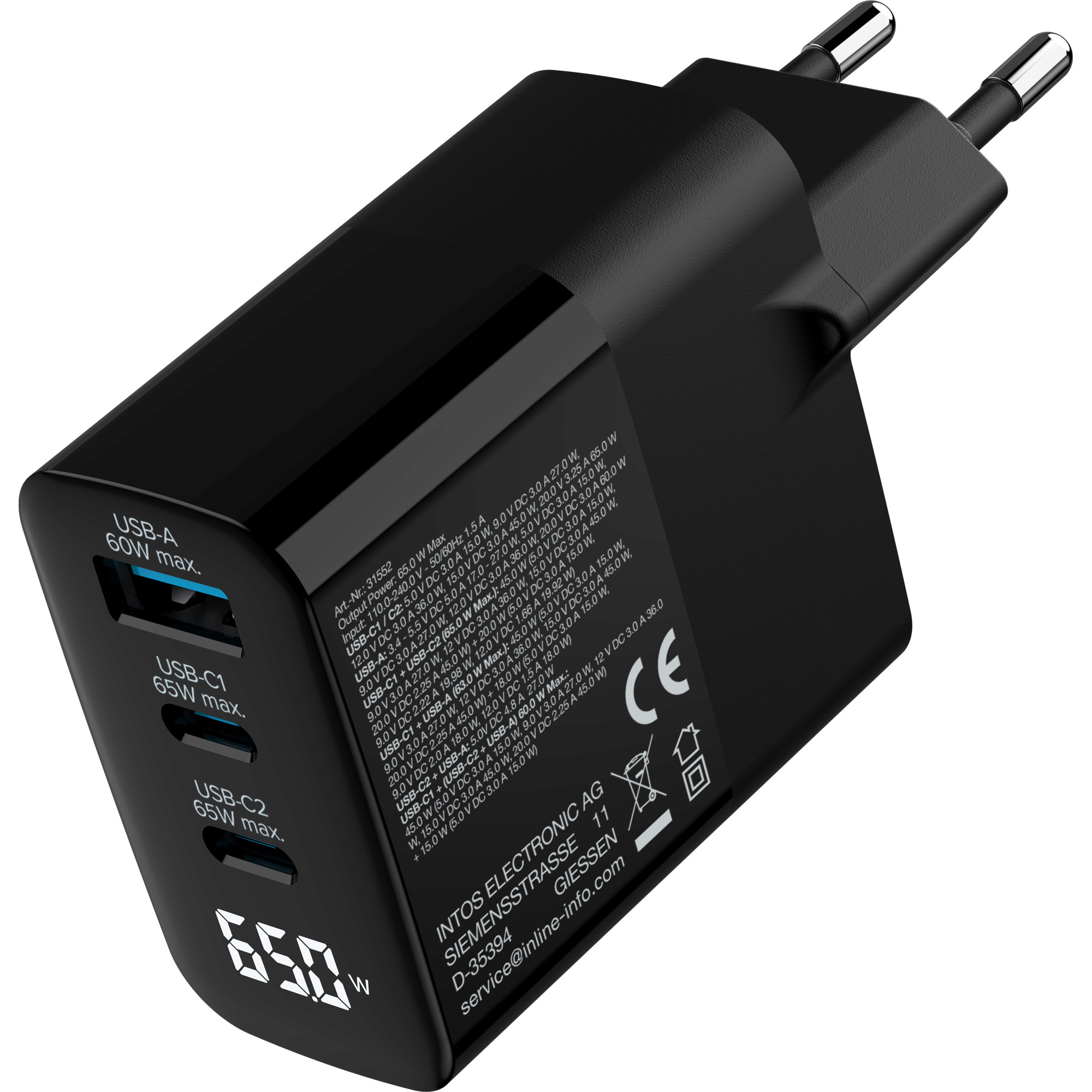 InLine® USB PD Netzteil, GaN Ładowarka, 3-Port, USB-C + USB-A, 65W – Nowoczesne rozwiązanie ładowania