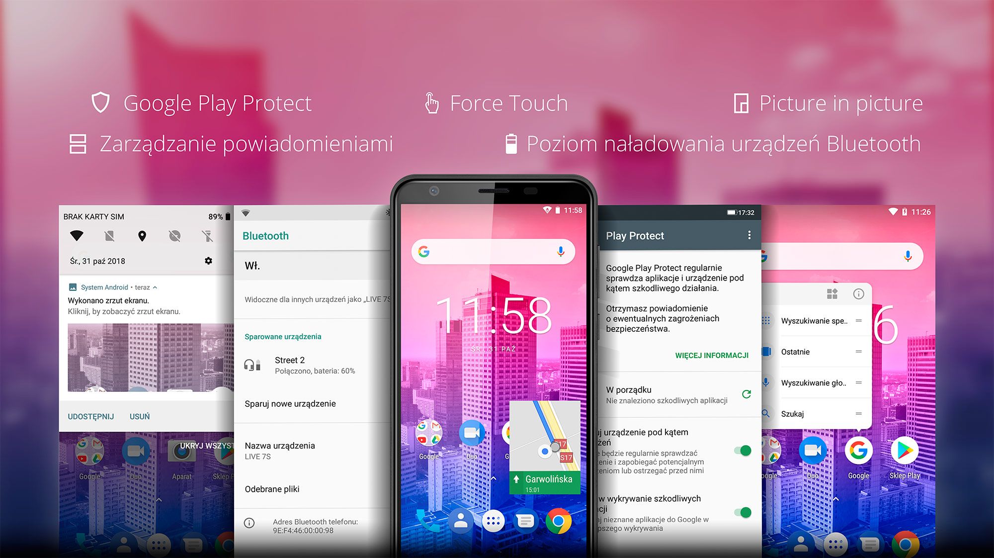 ANDROID 8.1 Google Play Protect | Force Touch | Picture in picture | Zarządzanie powiadomieniami | Poziom naładowania urządzeń Bluetooth