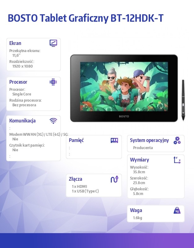 Tablet graficzny BOSTO BT-12HDK-T – Twój kreatywny partner w rysowaniu