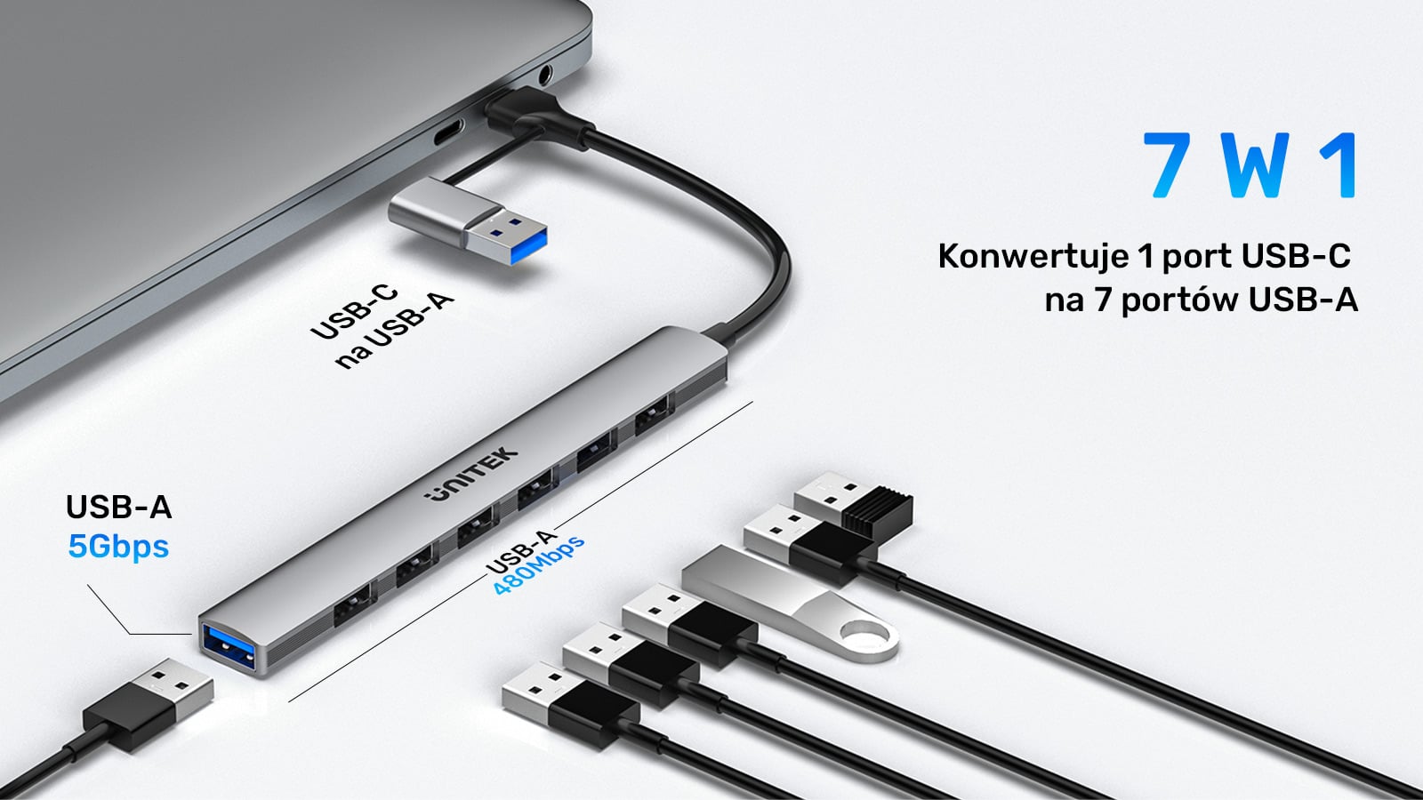 Unitek uHUB S7 to kompaktowy i wydajny hub, który przekształca jeden port USB-C w siedem portów
