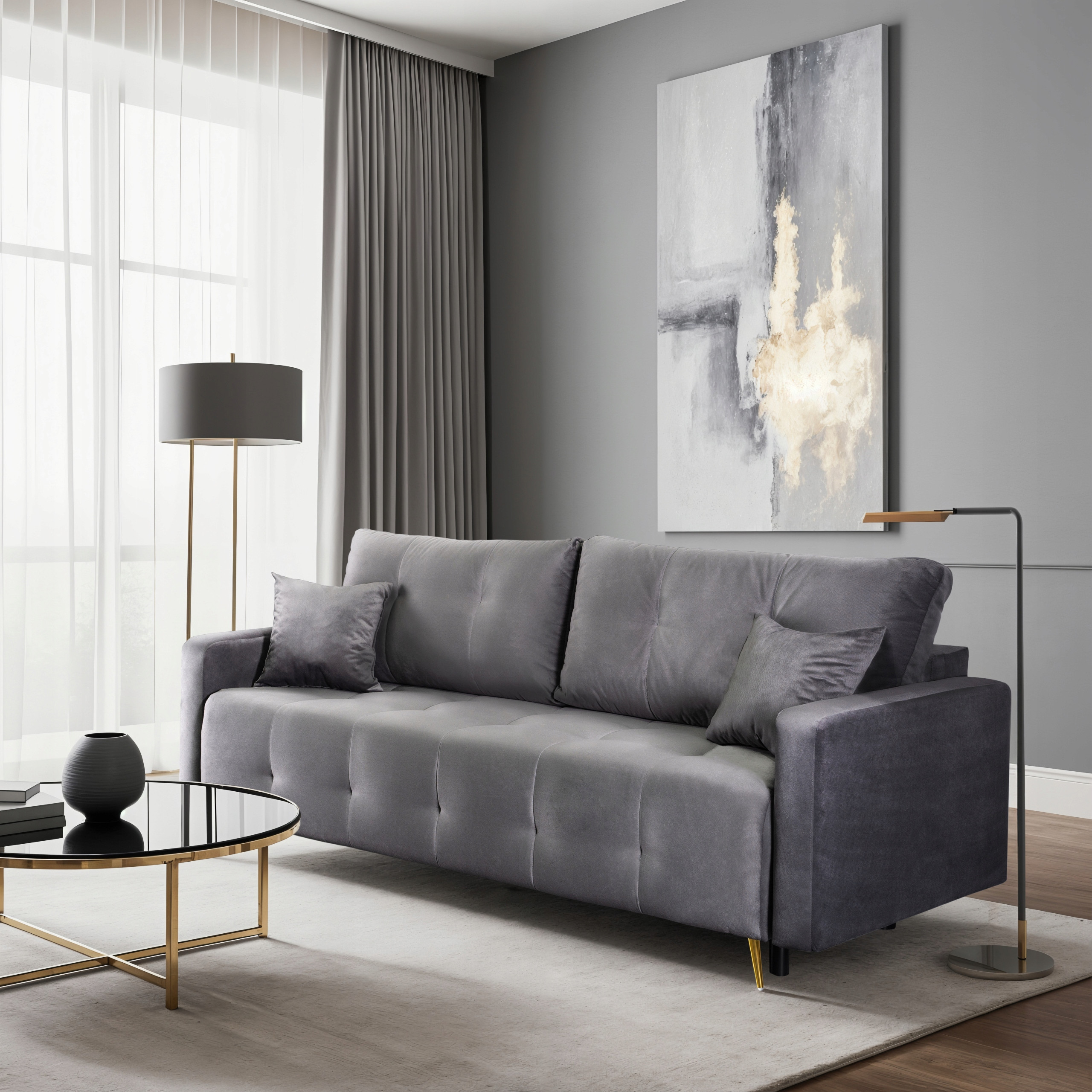 Sofa Kanapa Rozkładana z Funkcją Spania Wersalka Dwuosobowa Szara SEUL – Komfort i styl w Twoim wnętrzu