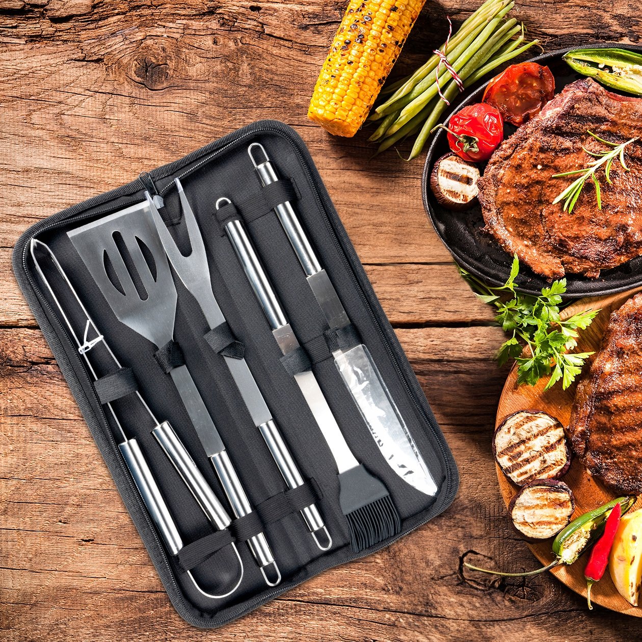AKCESORIA SZTUĆCE DO GRILLOWANIA W ETUI Z RĄCZKĄ PRZYBORY 5 SZTUK ZE STALI Liczba sztuk w opakowaniu 1