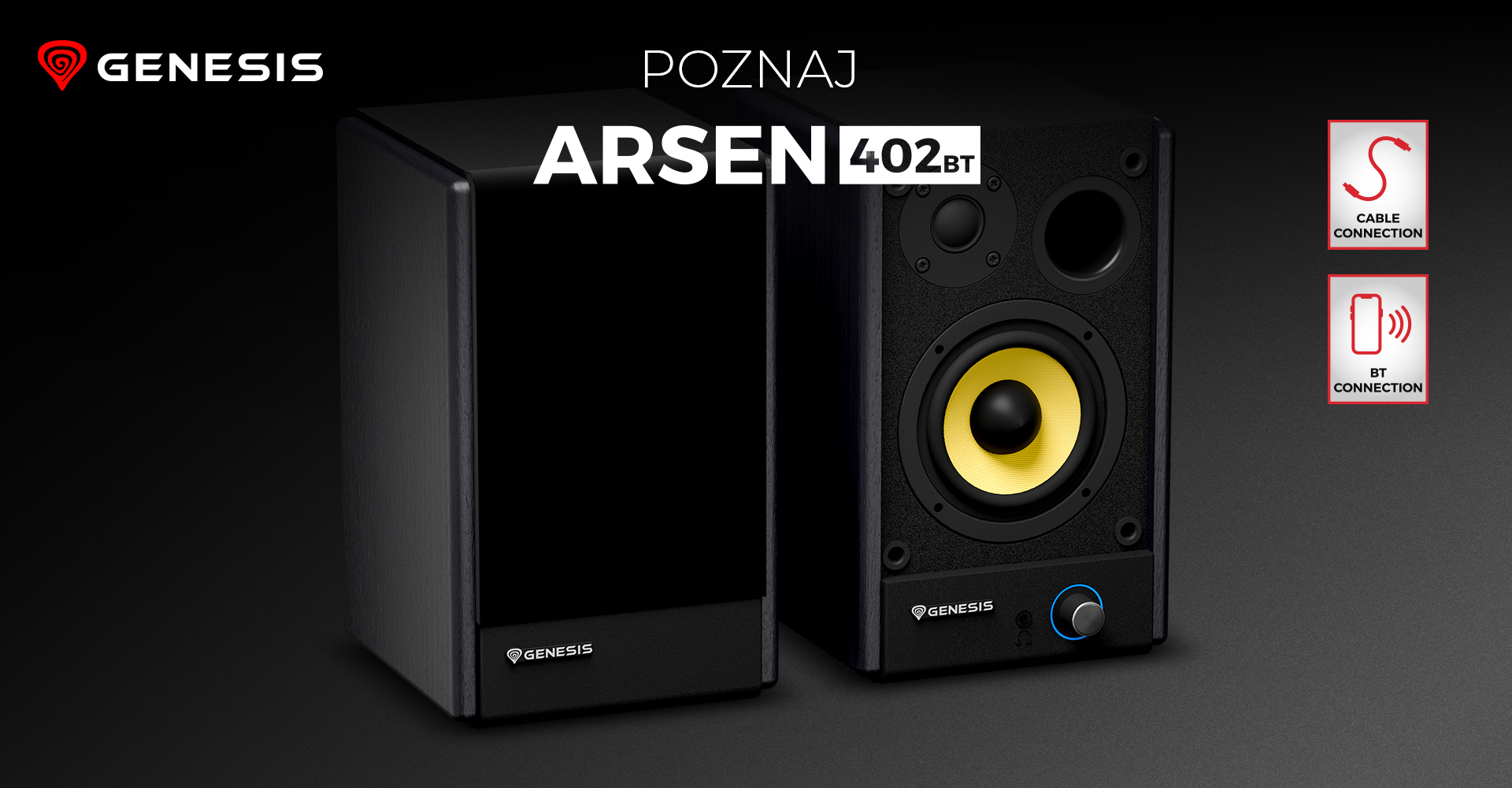 Dwie kolumny audio, z jedną z żółtym stożkiem głośnika i okrągłą regulacją głośności.
