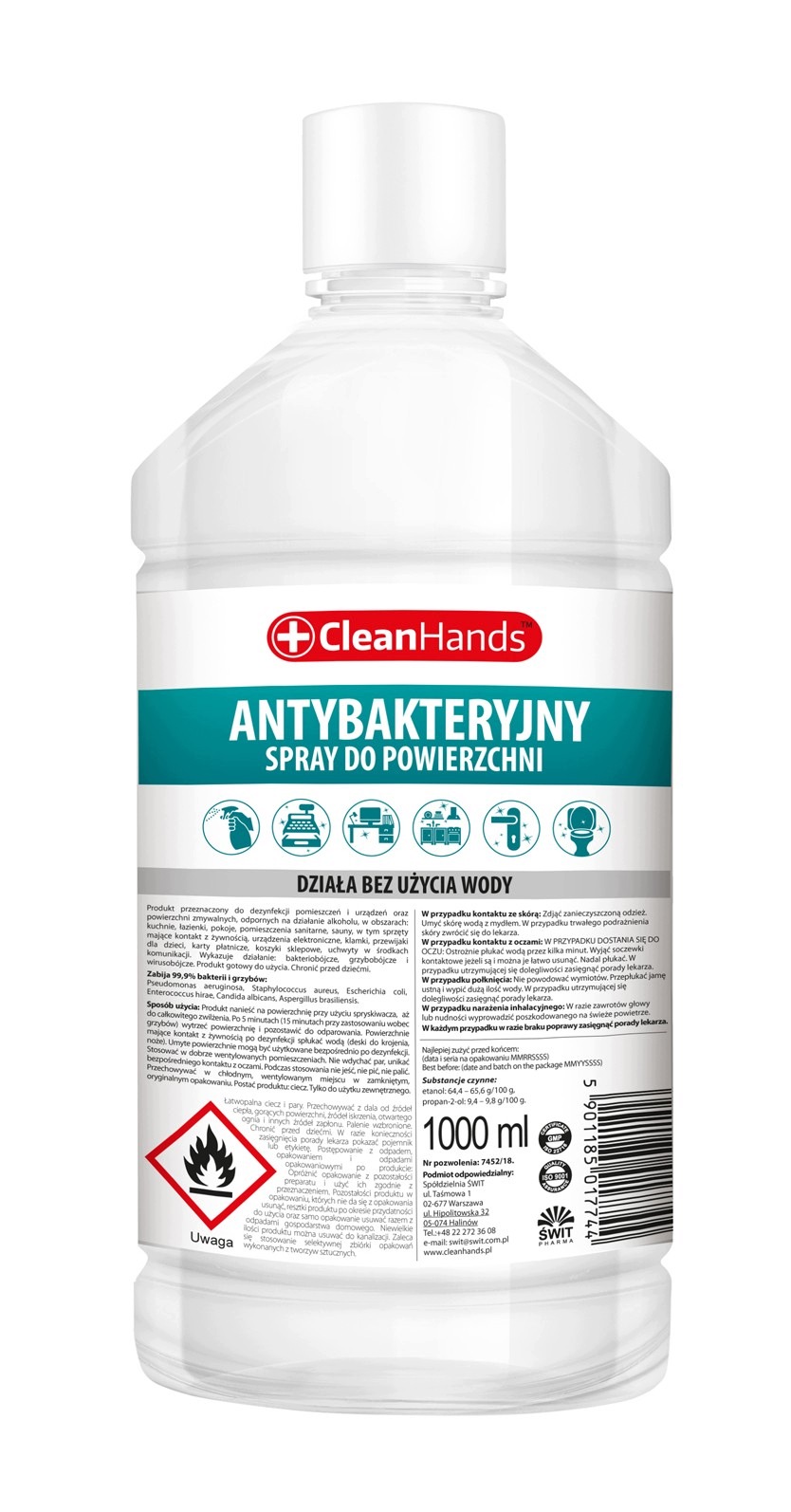 Cleanhands Antybakteryjny spray do dezynfekcji powierzchni 1 L – Skuteczna ochrona przed bakteriami