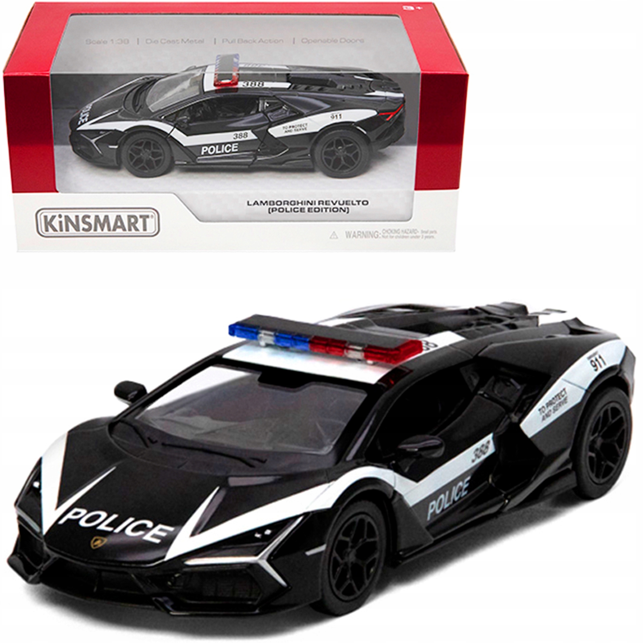 Lamborghini Revuelto Policja 1:38 – Metalowy model dla małych pasjonatów motoryzacji