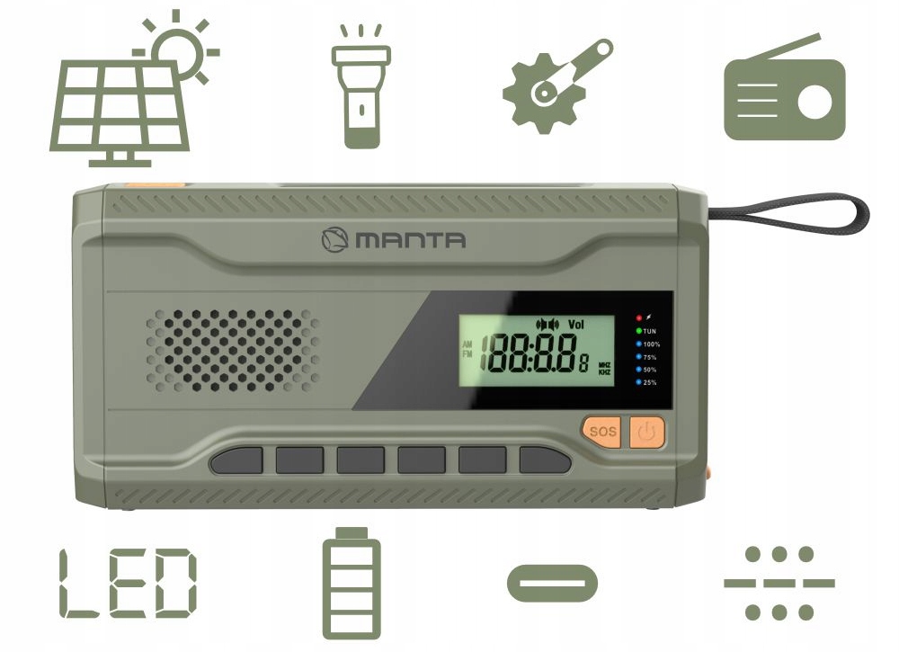 Radio przenośne na korbkę DYNAMO z funkcją powerbanka i latarką