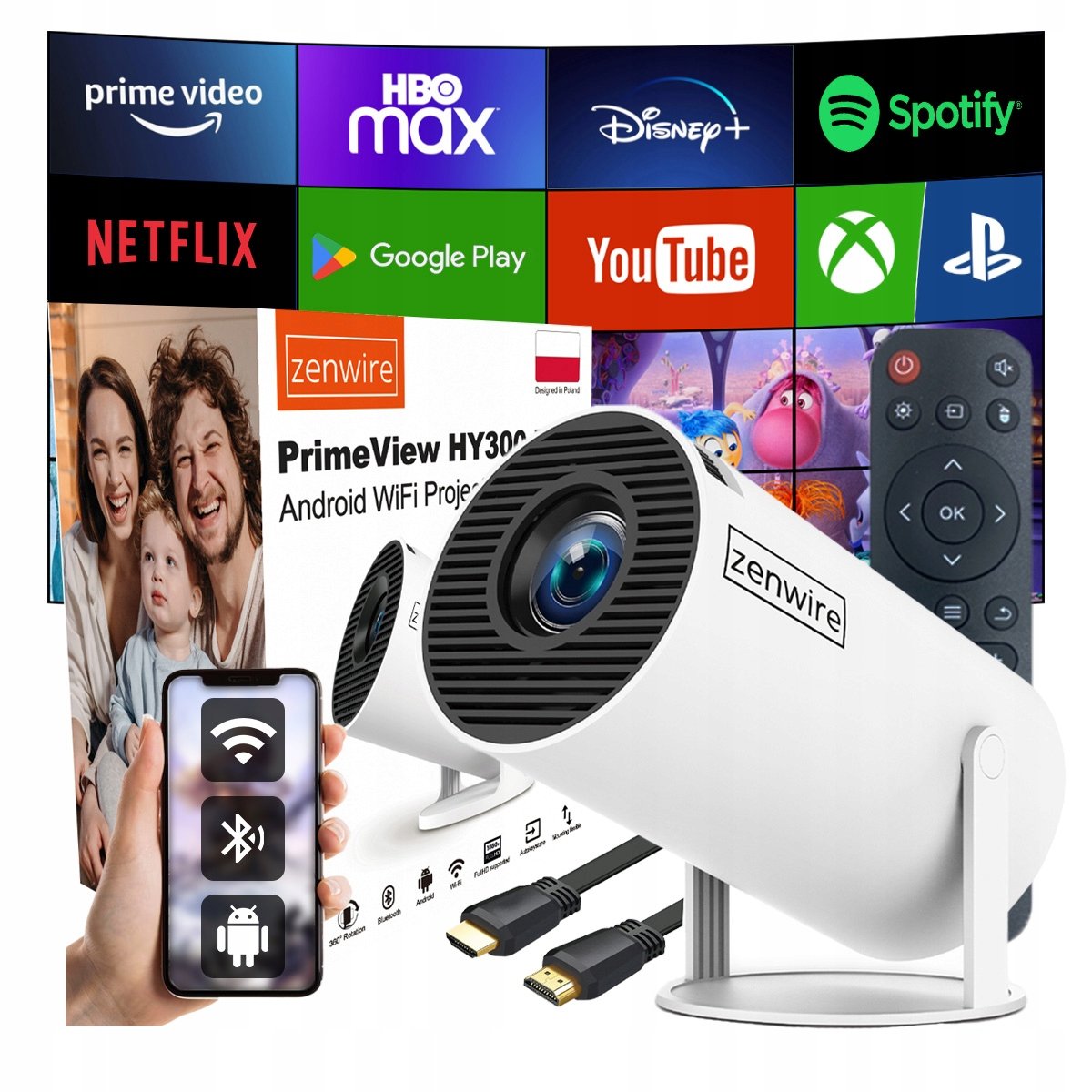 Przenośny Mini Projektor Android TV Wifi 6 Rzutnik 360 Full HD 4K Bluetooth Zenwire HY300 Pro 360 – Twoje mobilne kino
