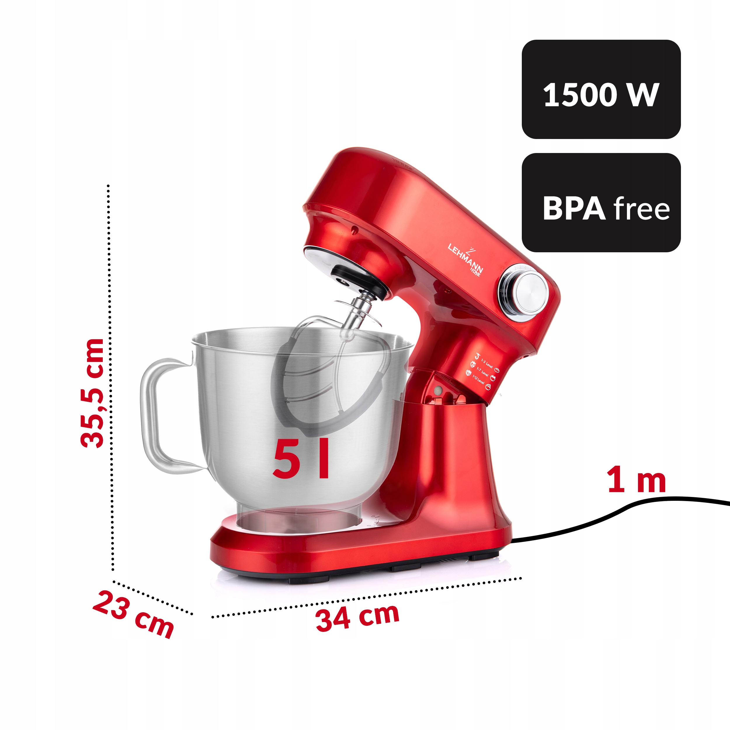 ROBOT PLANETARNY KUCHENNY MIKSER MIESZADŁA HAK MISA OBROTOWA LEHMANN RED Załączone wyposażenie instrukcja w języku polskim misa osłona przeciwbryzgowa rózga hak mieszadło