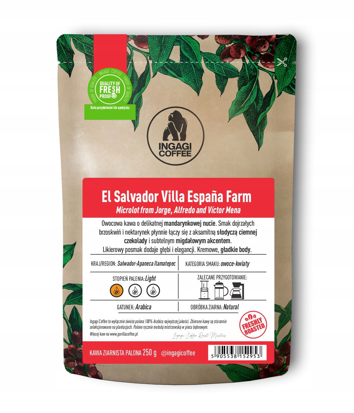 Kawa ziarnista Ingagi Coffee El Salvador Villa Espana Farm 250g – Doskonały wybór dla miłośników kawy